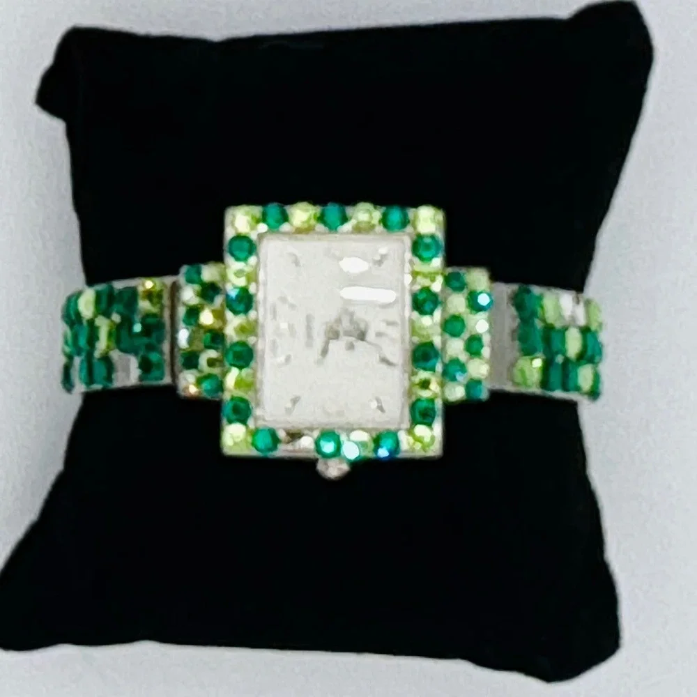 STONE Quartz Watch Green Rhinestone Bangle Silver Tone‎ Fits 5-8